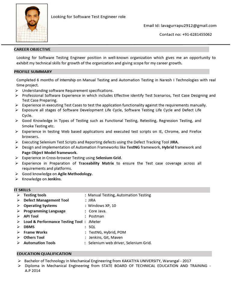 Software Test Engineer Resume | PDF | Software Testing | Selenium ...