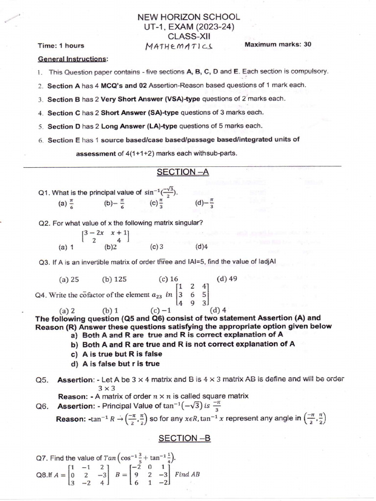 UT-1 - 2023 Mathematics Class 12 | PDF