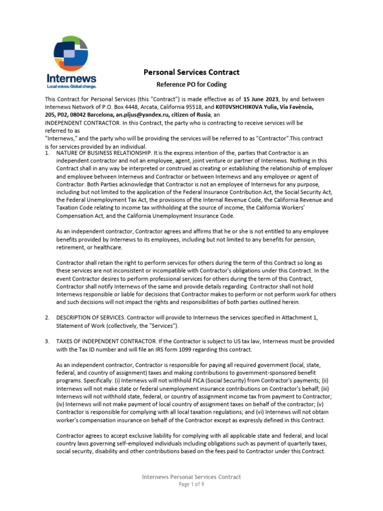Work Contract Kotovshchikova Signed | PDF | Employment | Insurance