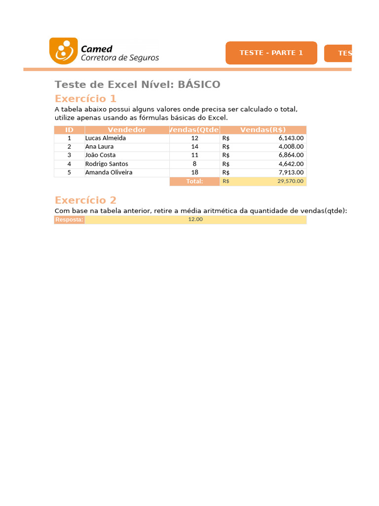 Teste De Excel Básico Com Exercícios Pdf Microsoft Excel Informática