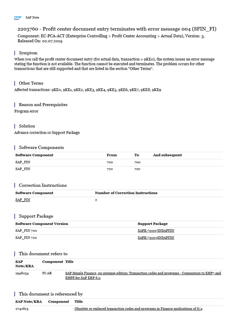 Profit Center Document Entry Terminates With Error Message 004 (SFIN ...