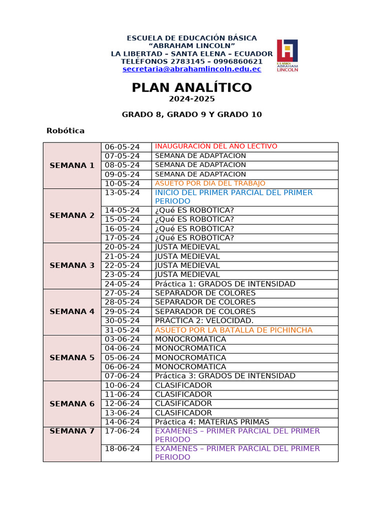 Cronograma Anual 2024 2025 Robótica Modulo 2 Pdf
