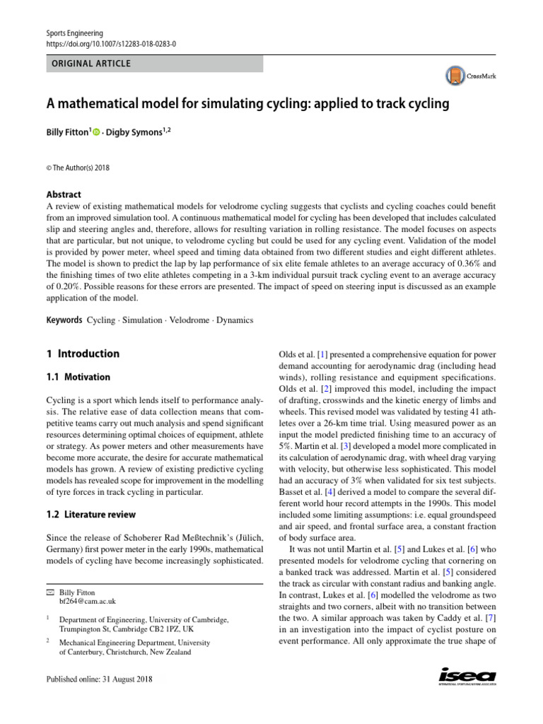 A Mathematical Model For Simulating Cycling Applie | PDF | Force ...