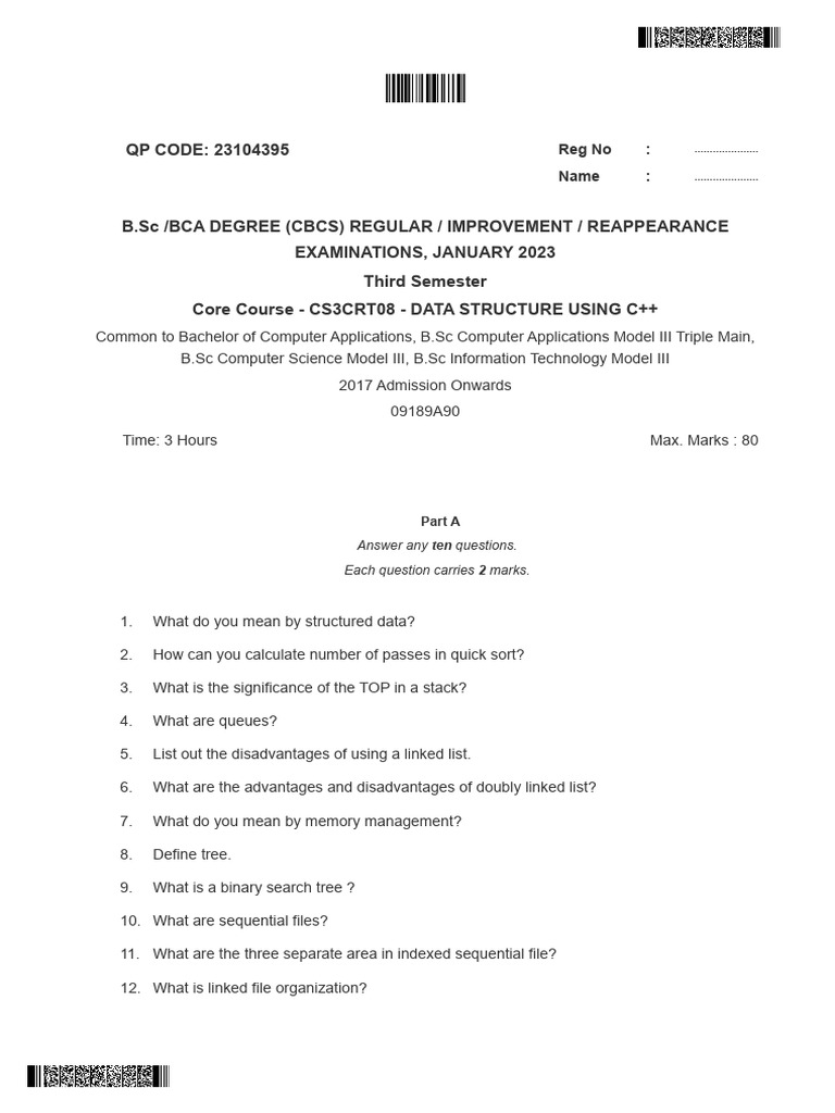 Data Structures Exam Paper - Jan 2023 | PDF | Algorithms And Data ...