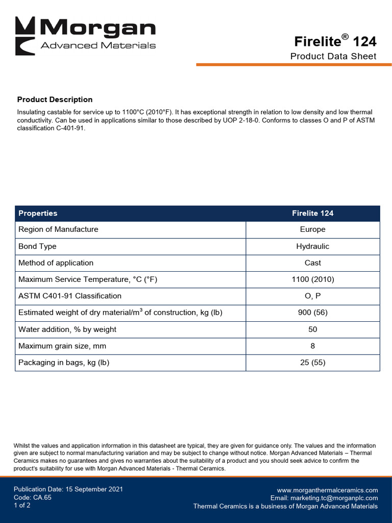 Firelite 124 Product Data Sheet | PDF | Ceramics | Silicon Dioxide