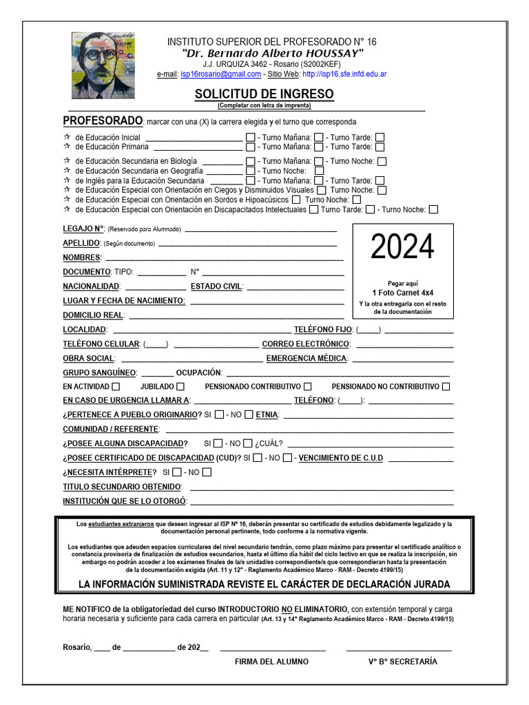 Ficha de Solicitud de Ingreso ISP 16 | PDF | Documento de identidad