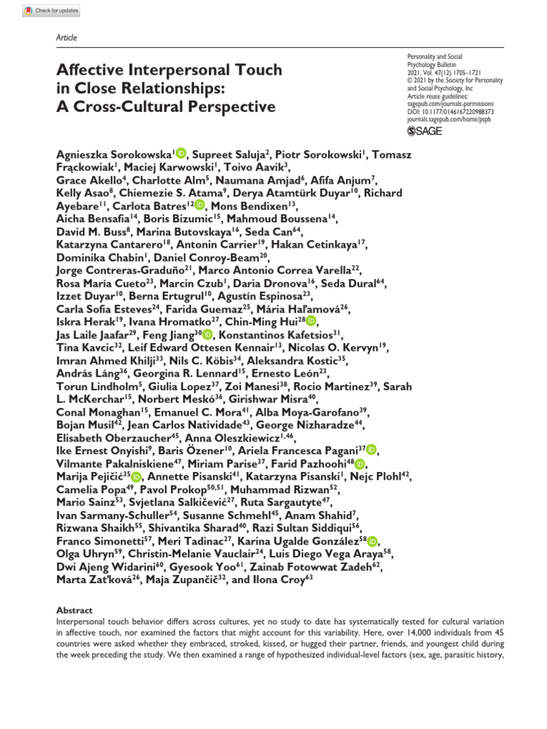 Affective Interpersonal Touch in Close Relationships: A Cross-Cultural ...