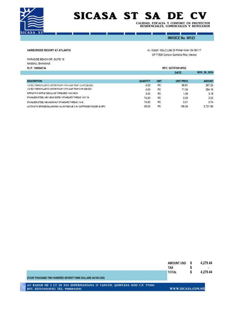 Sicasa Invoice for Harborside Resort | PDF