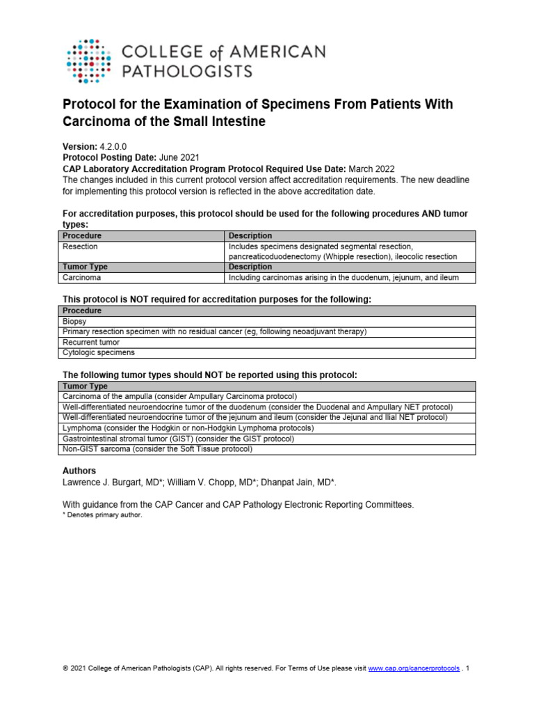 CAP Protocol for Small Intestine Cancer | PDF | Pathology | Neoplasms