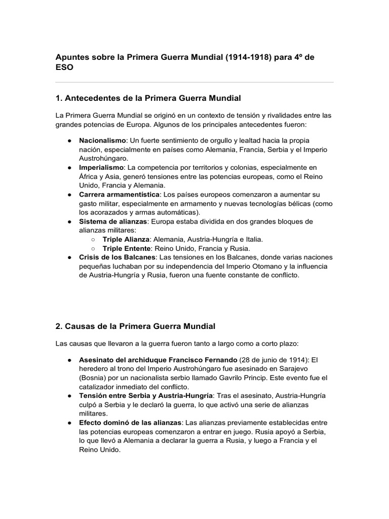 Causas y consecuencias de la WWI | PDF | Primera Guerra Mundial ...