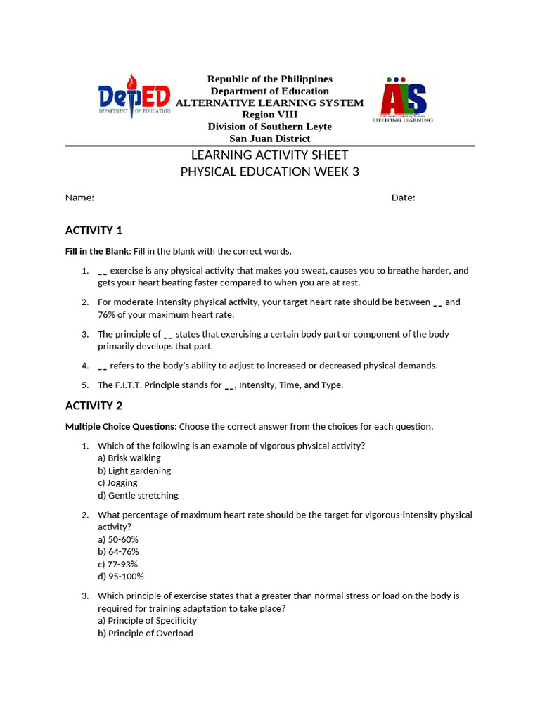 LAS - PE Week 3 | PDF | Physical Fitness | Aerobic Exercise