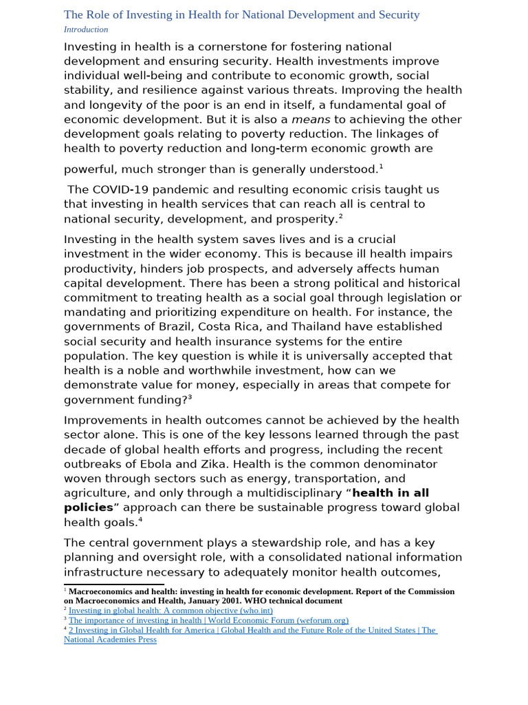 The Role of Investing in Health For National Development and Security ...