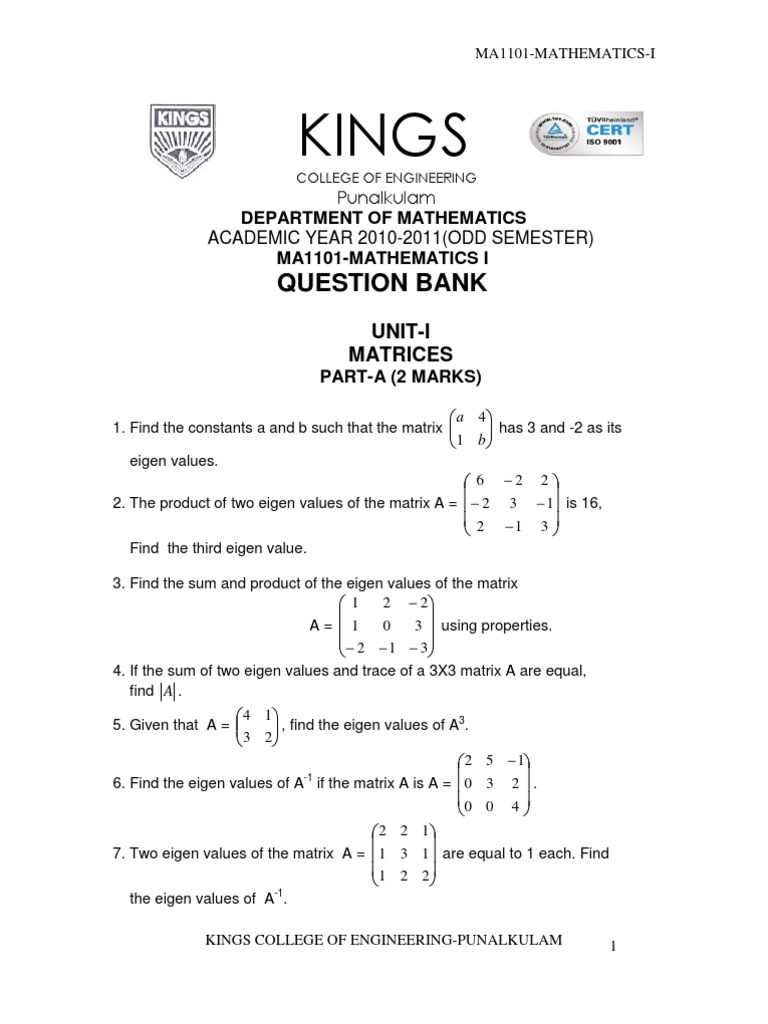 MA1101 Mathematics I Question Bank | PDF | Eigenvalues And Eigenvectors ...