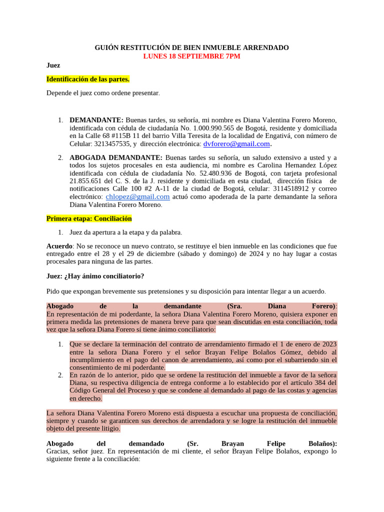 Guion Restitución de Bien Inmueble Arrendado | PDF | Demanda judicial ...