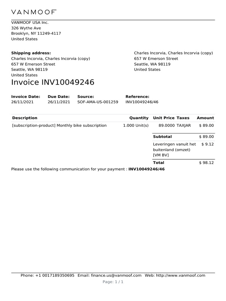 Invoice INV10049246 for Bike Subscription | PDF