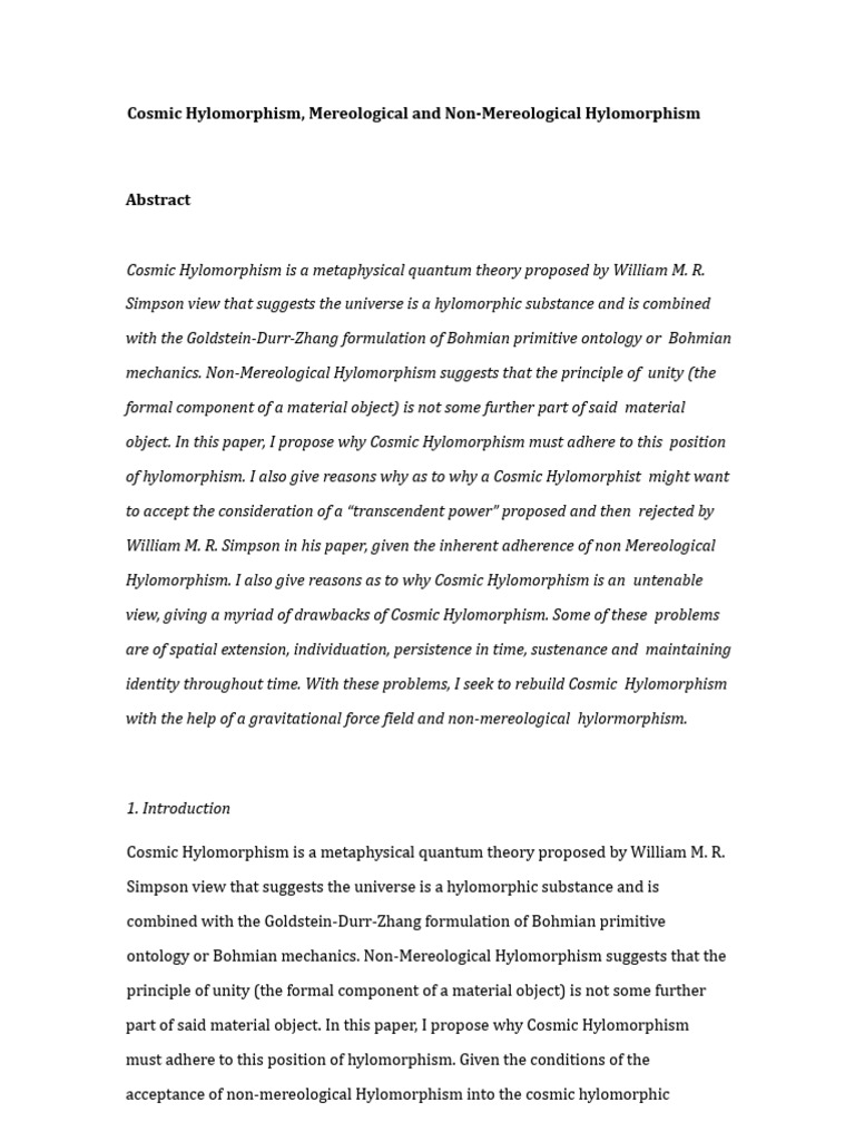Cosmic Hylomorphism Non Mereological and Mereological Hylomorphism ...