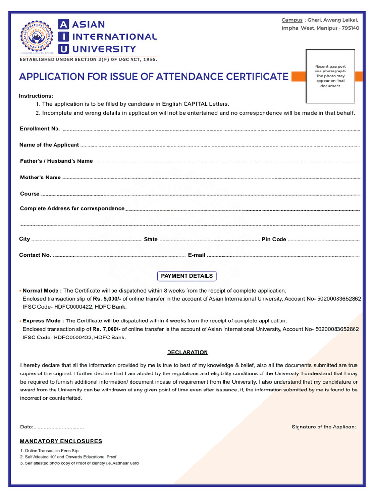 Application For Attendance Certificate | PDF | Identity Document ...