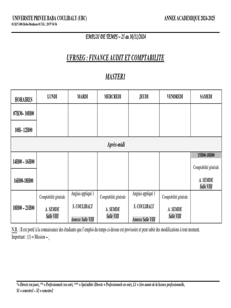 Emploi du temps UBC : 25-30/11/2024 | PDF | Comptabilité | Gouvernance ...