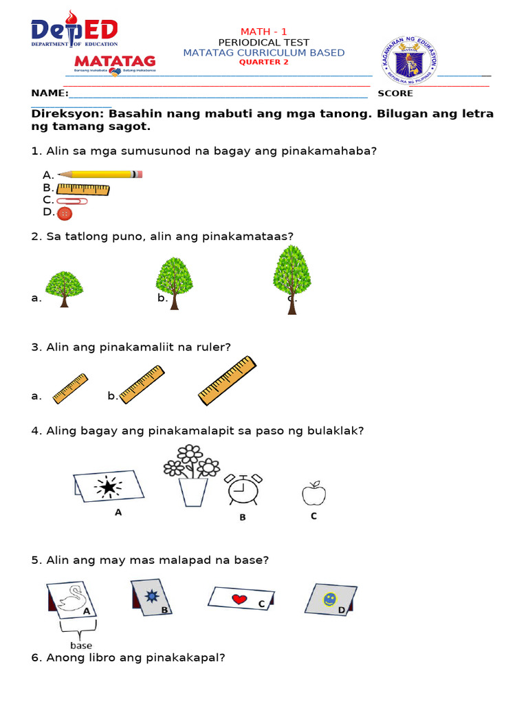 PT GRADE 1 MATATAG MATH 1 - Tagalog Version | PDF