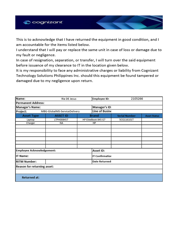 Asset Return Acknowledgment Form | PDF