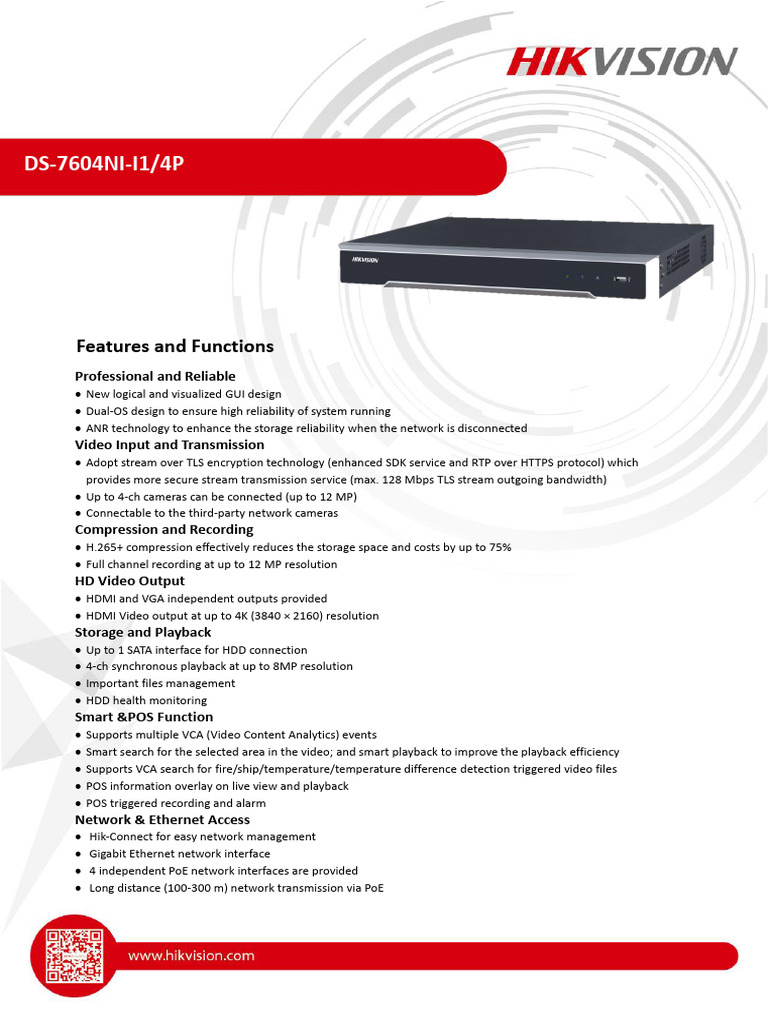 DS-7604NI-I1/4P Datasheet Overview | PDF | Computer Network | Hdmi