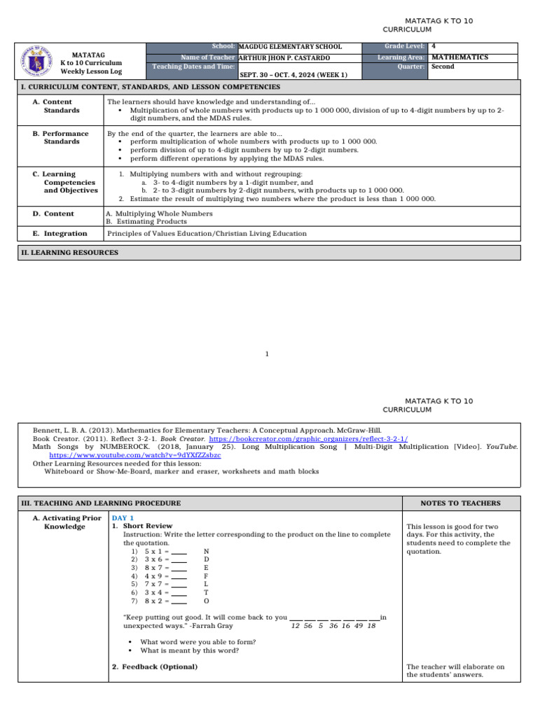 K-10 Math Weekly Lesson Plan | PDF | Curriculum | Teachers