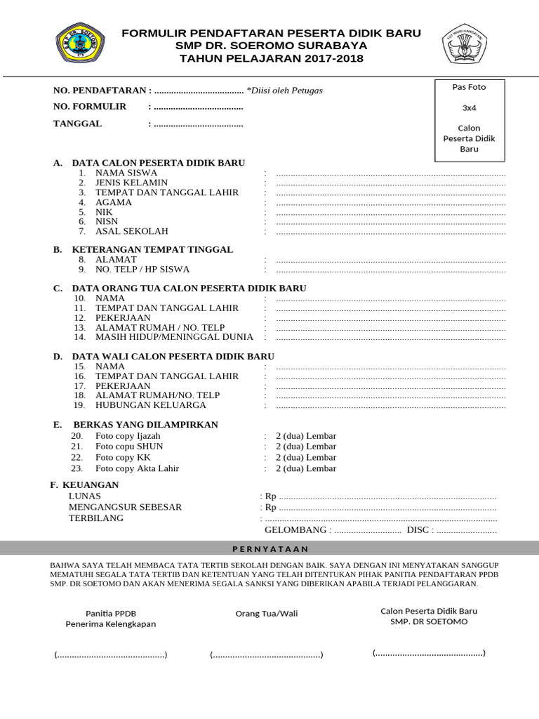 Pendaftaran Siswa Baru SMP Dr. Soetomo | PDF