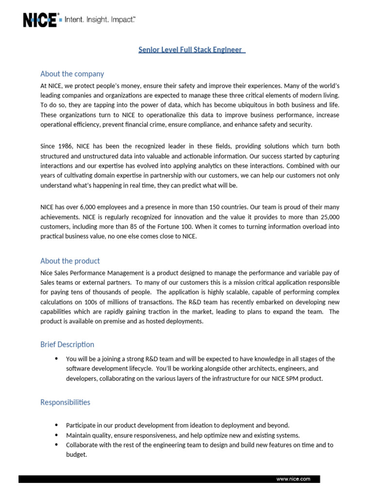 Senior Full Stack Engineer Role at NICE | PDF | Analytics | Information ...