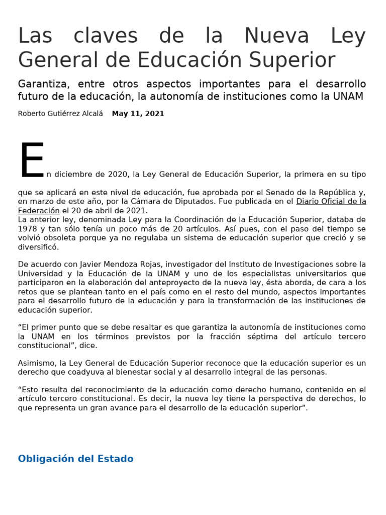 Claves de la Nueva Ley de Educación Superior | PDF | Educación más alta ...