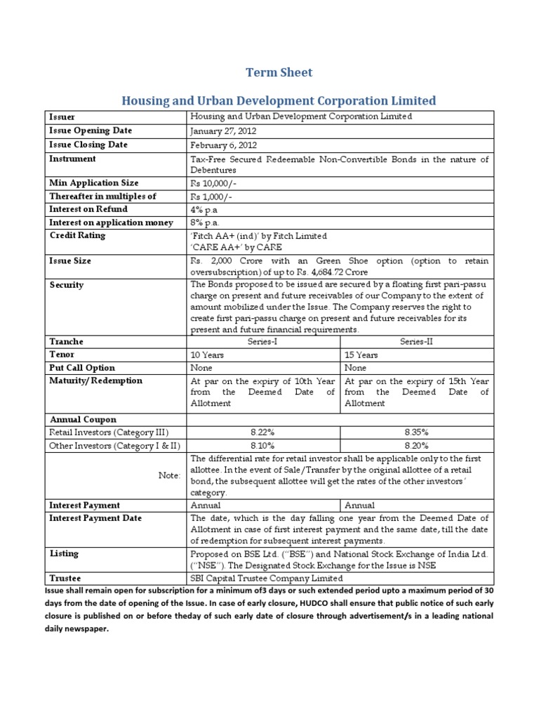 HUDCO - Term Sheet | Download Free PDF | Bonds (Finance) | Partnership