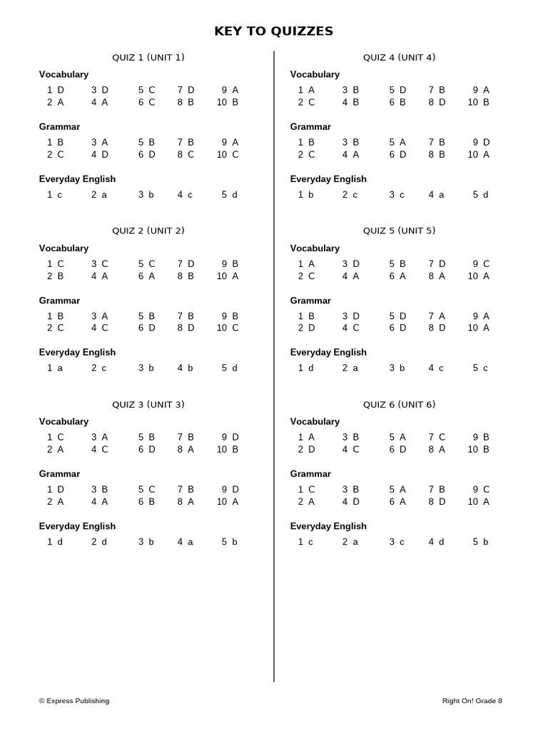 Grade 8 Quiz Answers Guide | PDF