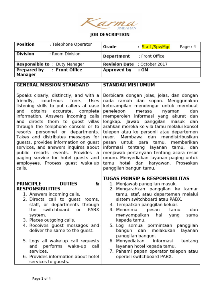 Template of JobDesc | PDF | Oral Communication | Service Industries