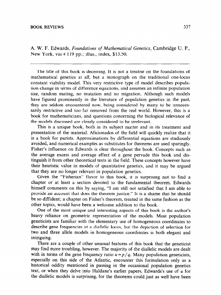 Foundations of Mathematical Genetics,: Book Reviews | PDF | Population ...