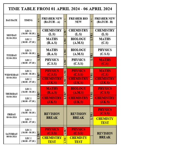 Weekly Academic Timetable: Apr 2024 | PDF