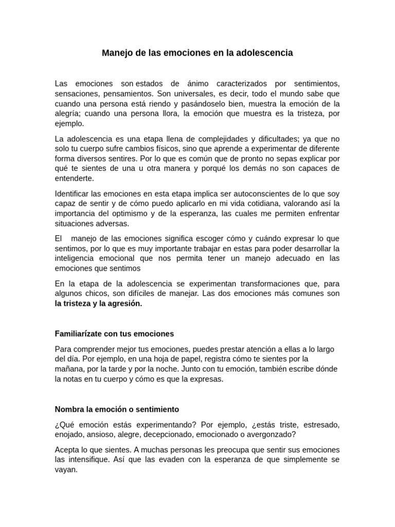 Manejo de emociones en adolescentes | PDF | Las emociones | Cognición