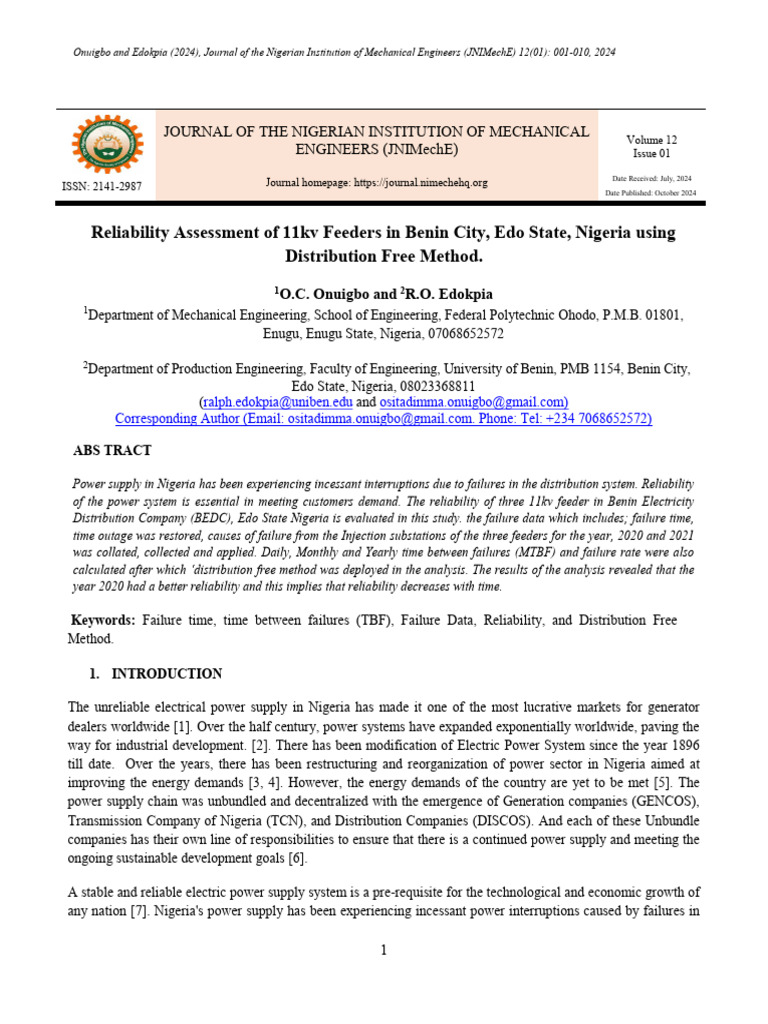 NIMechE Reliability Assessment of 11kv Feeders in Benin City, Edo State ...