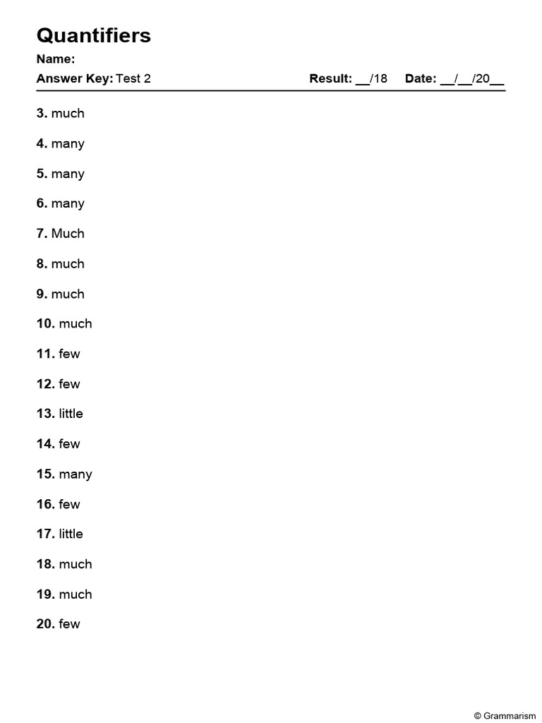 Grammarism Quantifiers Test 2 Answers 2524416 | PDF