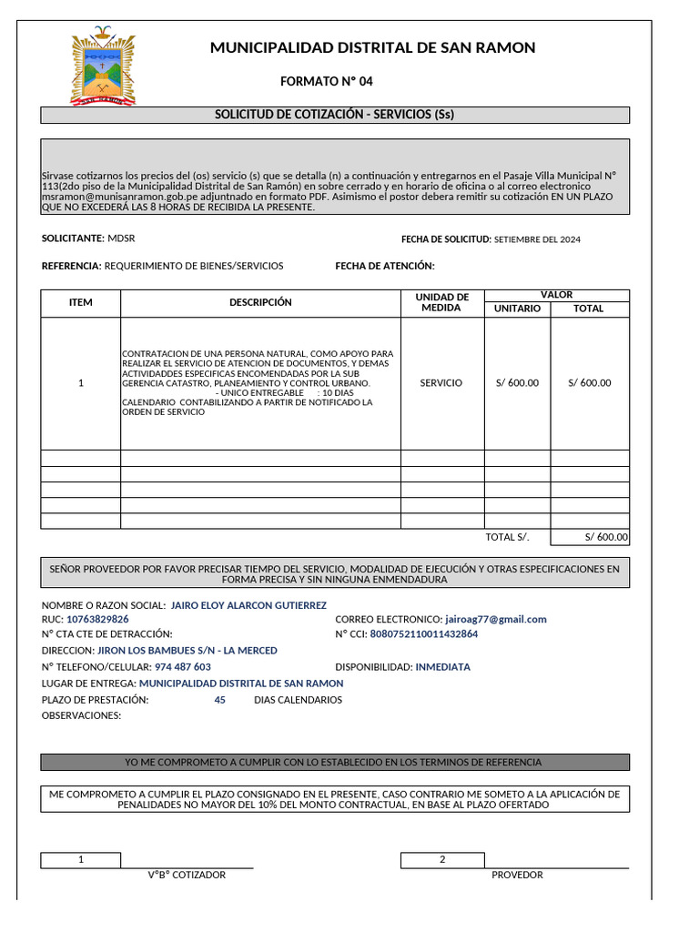 Solicitud de Cotización Servicios San Ramón | PDF