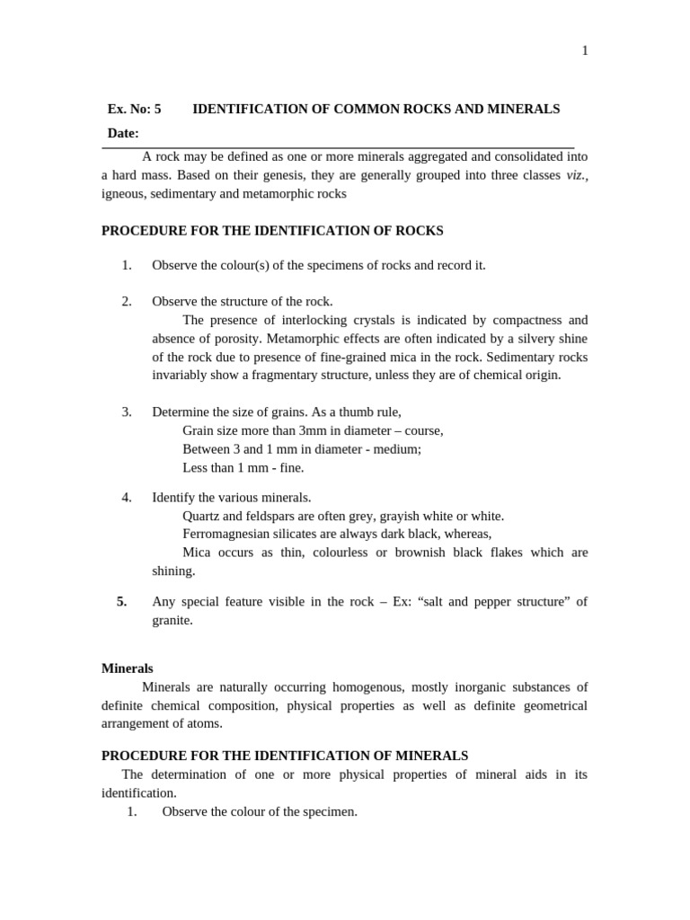 Ex 5 rocks minerals pdf minerals rock geology 