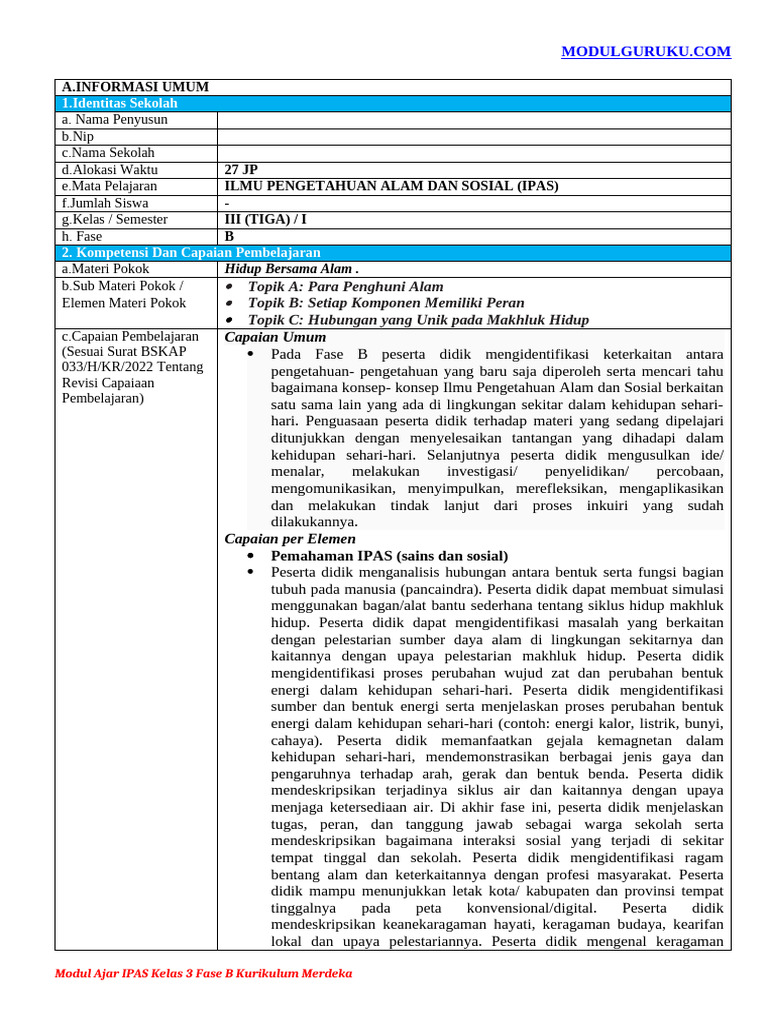 Modul Ajar IPAS Kelas 3 Fase B Kurikulum Merdeka Bab 3 (Modulguruku ...