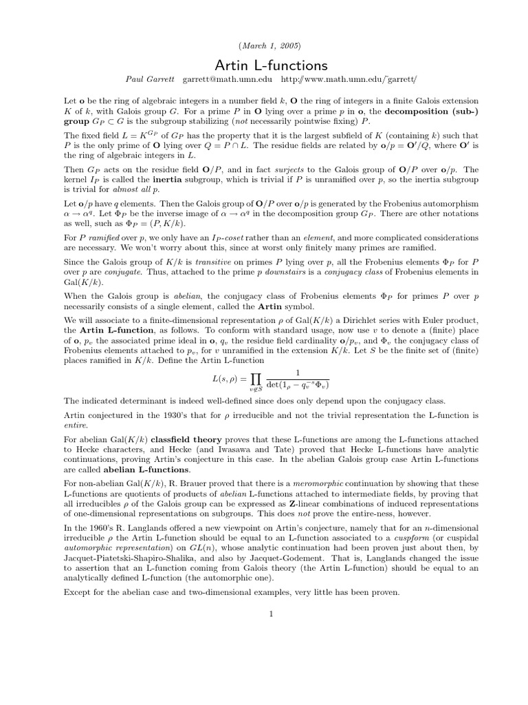 Artin L-functions in Galois Theory | PDF | Representation Theory ...