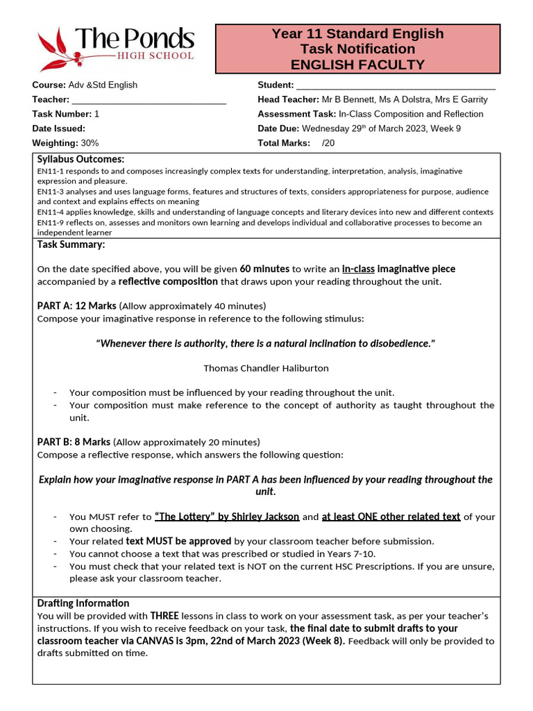 Year 11 - Term 1 English ADV & STD Notification 2023 | PDF | Learning ...