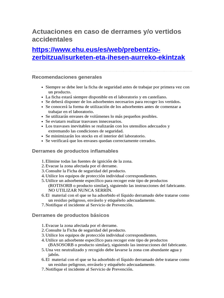 Actuaciones en Caso de Derrames y | PDF | Adsorción | Laboratorios