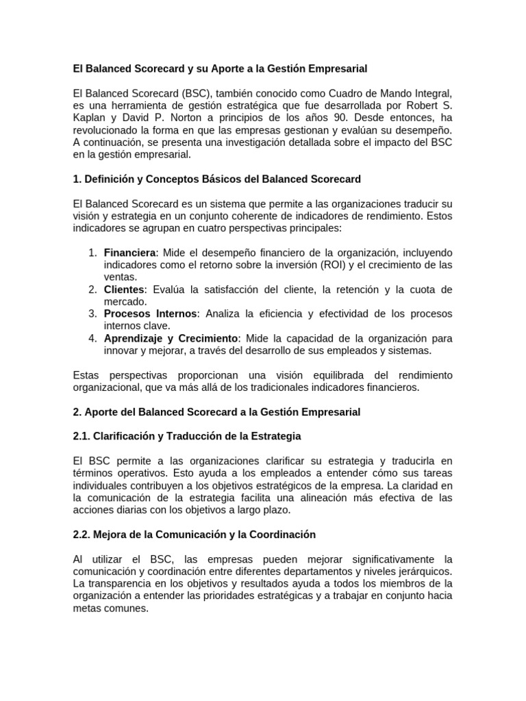El Balanced Scorecard y Su Aporte A La Gestión Empresarial | PDF ...