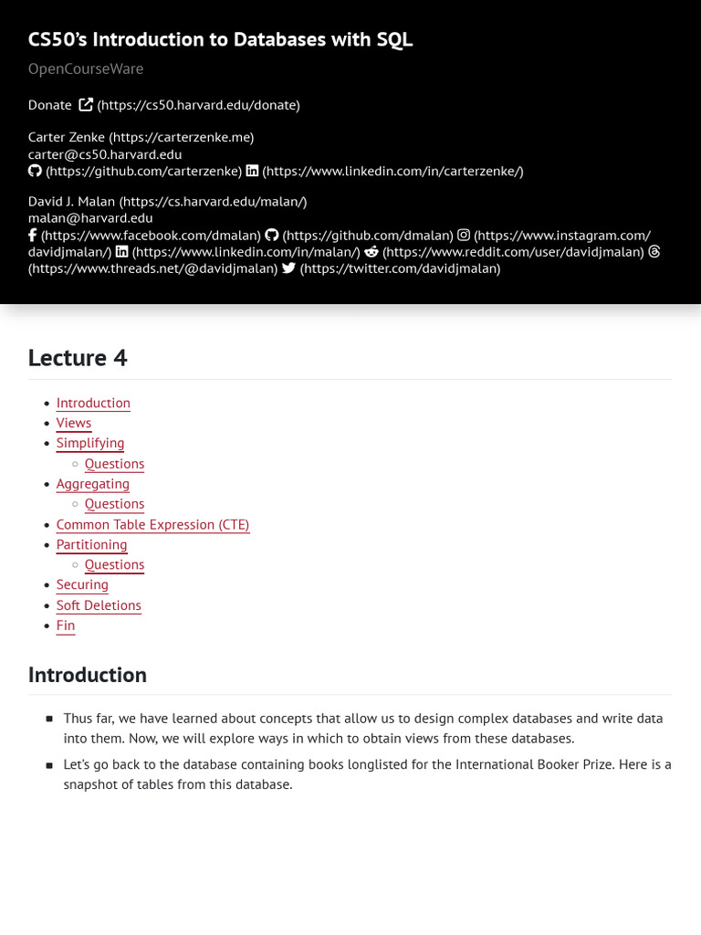 Lecture 4 - CS50's Introduction To Databases With SQL | PDF | Table ...