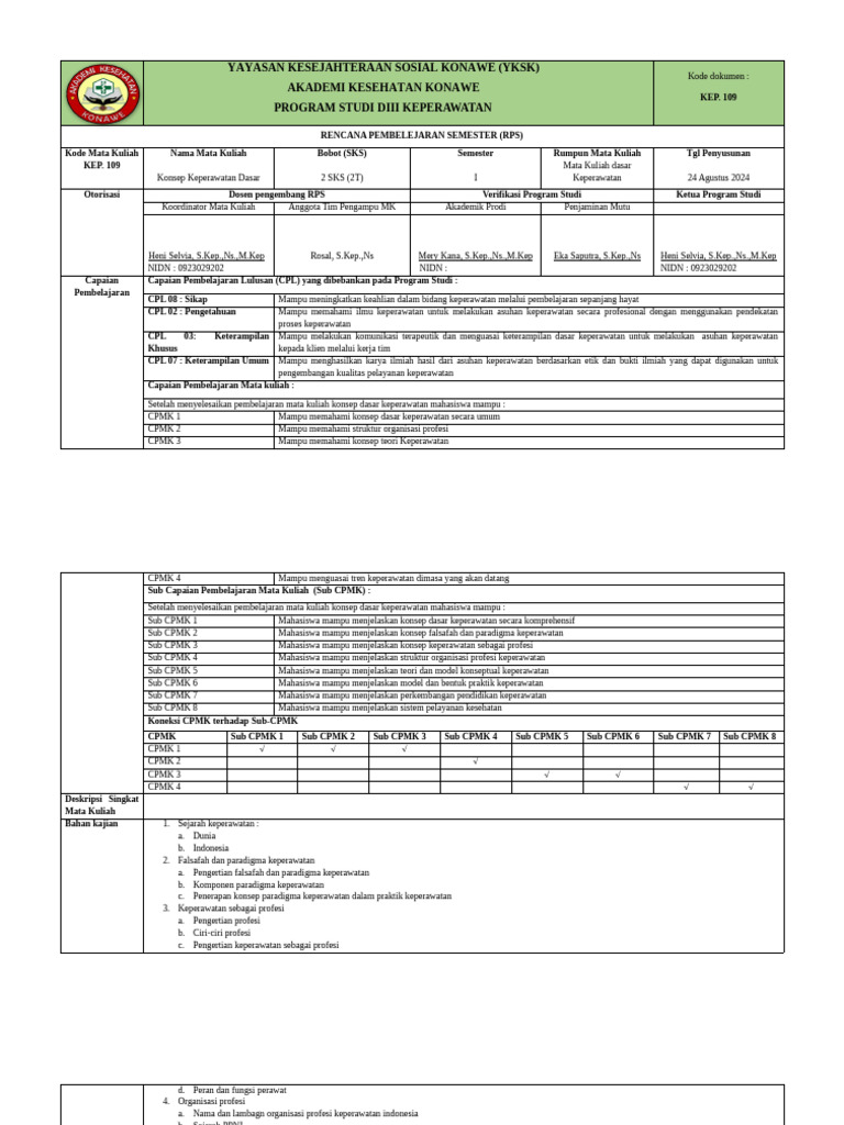 RPS Konsep Keperawatan Dasar DIII | PDF