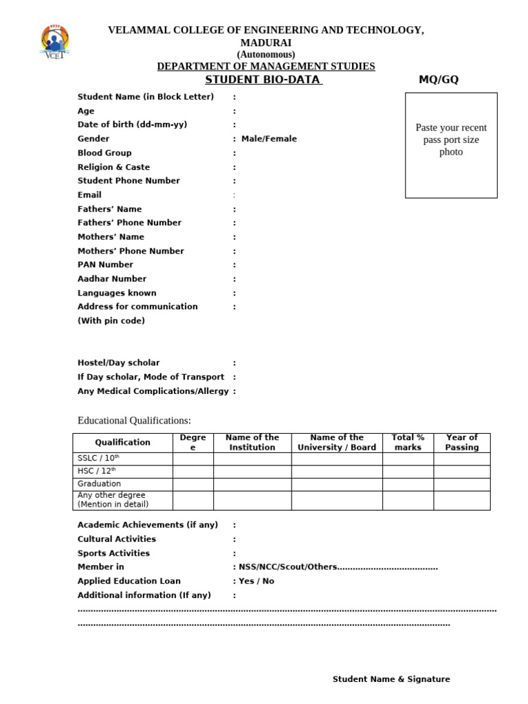 Student Bio-Data Form Template | PDF