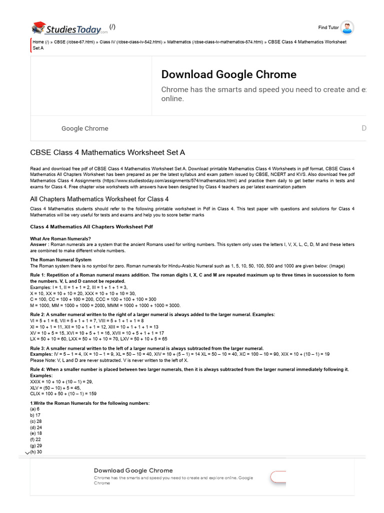 CBSE Class 4 Mathematics Worksheet Set A | PDF