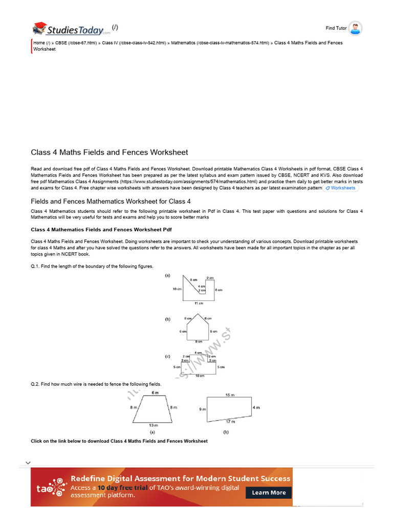 Class 4 Maths Fields and Fences Worksheet PDF Multiple Choice