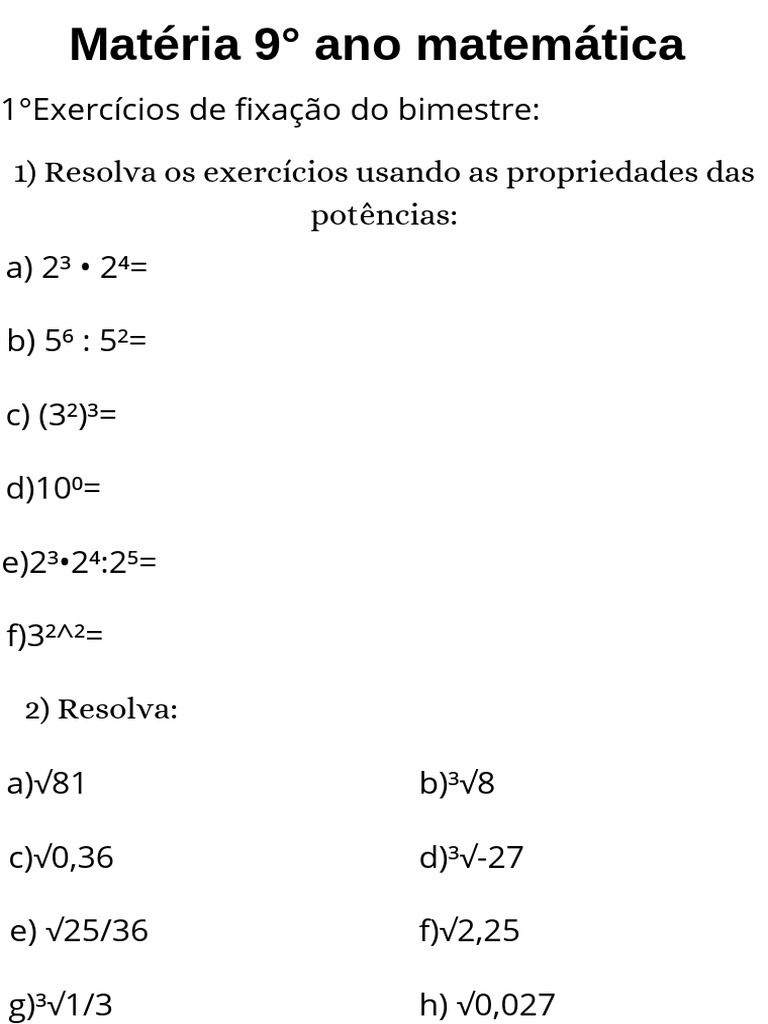 Exercícios de Matemática 9º Ano: Potências e Raízes | PDF